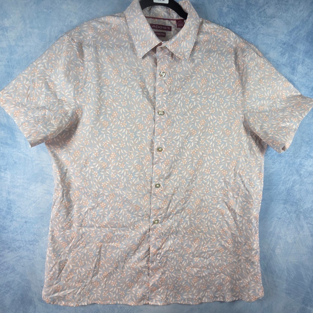 Axist Stretch Mens Large Short Sleeve Button Down Shirt Floral Leaf Print Peach‎